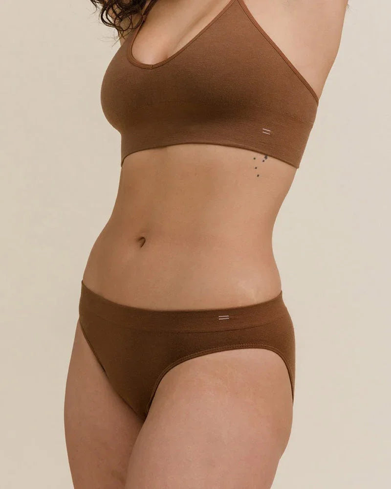 esnek ve dayanıklı merino lifleriyle üretilmiş koyu ten rengi bikini model külot kodel üzerinde, önden